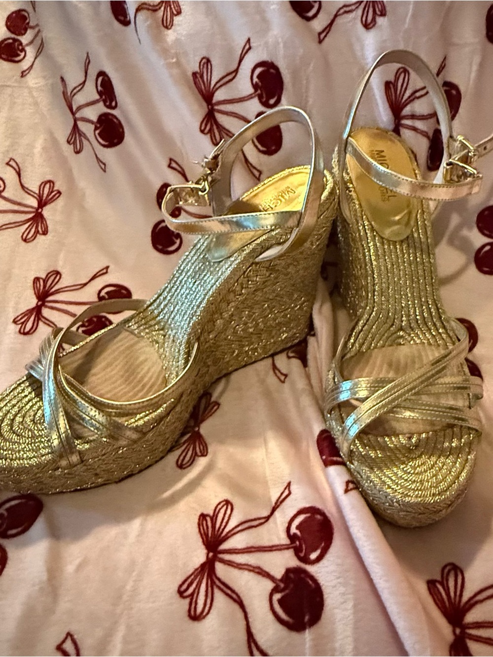 MICHAEL Michael Kors Cicely Gold Ankle Strap Espadrille Wedge Sandals